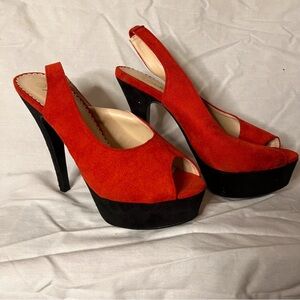 Anna Sui Red Suede Peep-Toe Platform Slingbacks with Black Platform